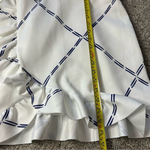 🎆 ASOS wrap mini dress sz 10 large blue white summer feminine ruffle spaghetti - Picture 3 of 7